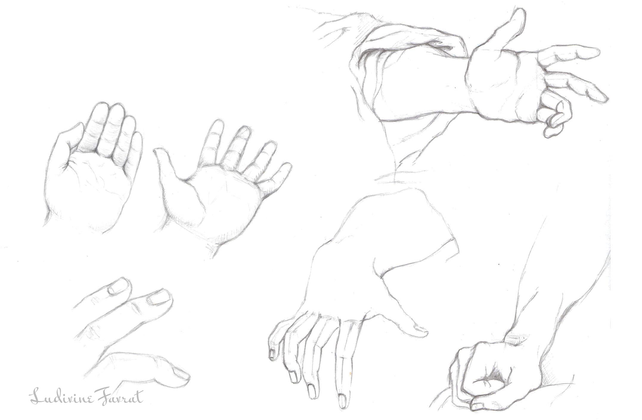 Étude de mains au crayon d'après oeuvres de Michel-Ange